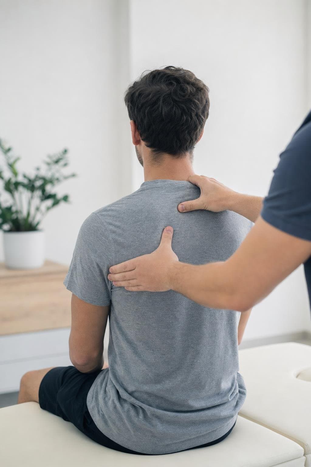 Eine Therapeutin tastet die Schulter eines Patienten ab