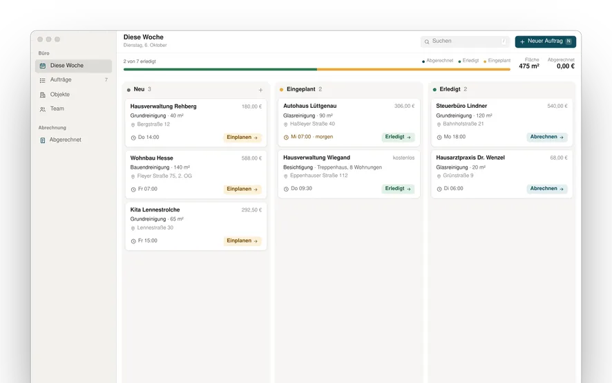 Vorschau: Auftrags-App einer Gebäudereinigung