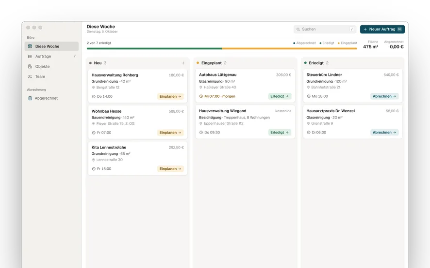 Auftrags-App einer Gebäudereinigung – Vorschau
