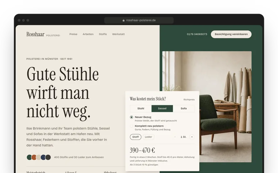 Website einer Polsterei – Vorschau