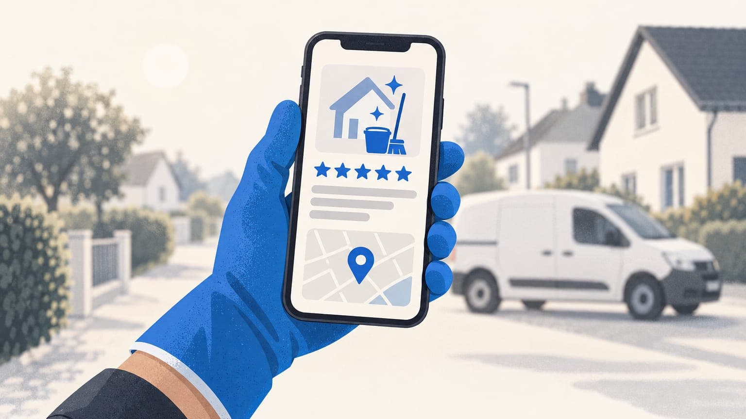 Illustration, KI-generiert: Eine Hand im blauen Arbeitshandschuh hält ein Handy mit einem Firmenprofil, fünf Sternen und einer Karte. Im Hintergrund ein Firmenwagen in einer Wohnstraße.