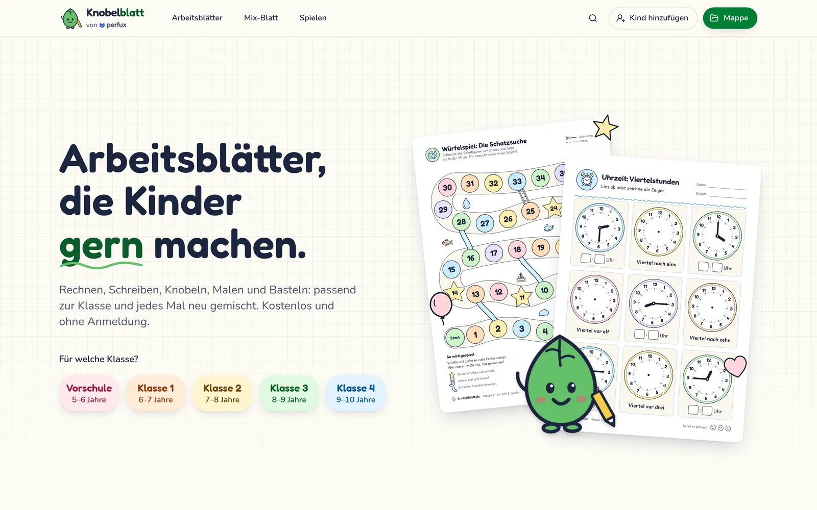 Knobelblatt: die Startseite auf dem Computer
