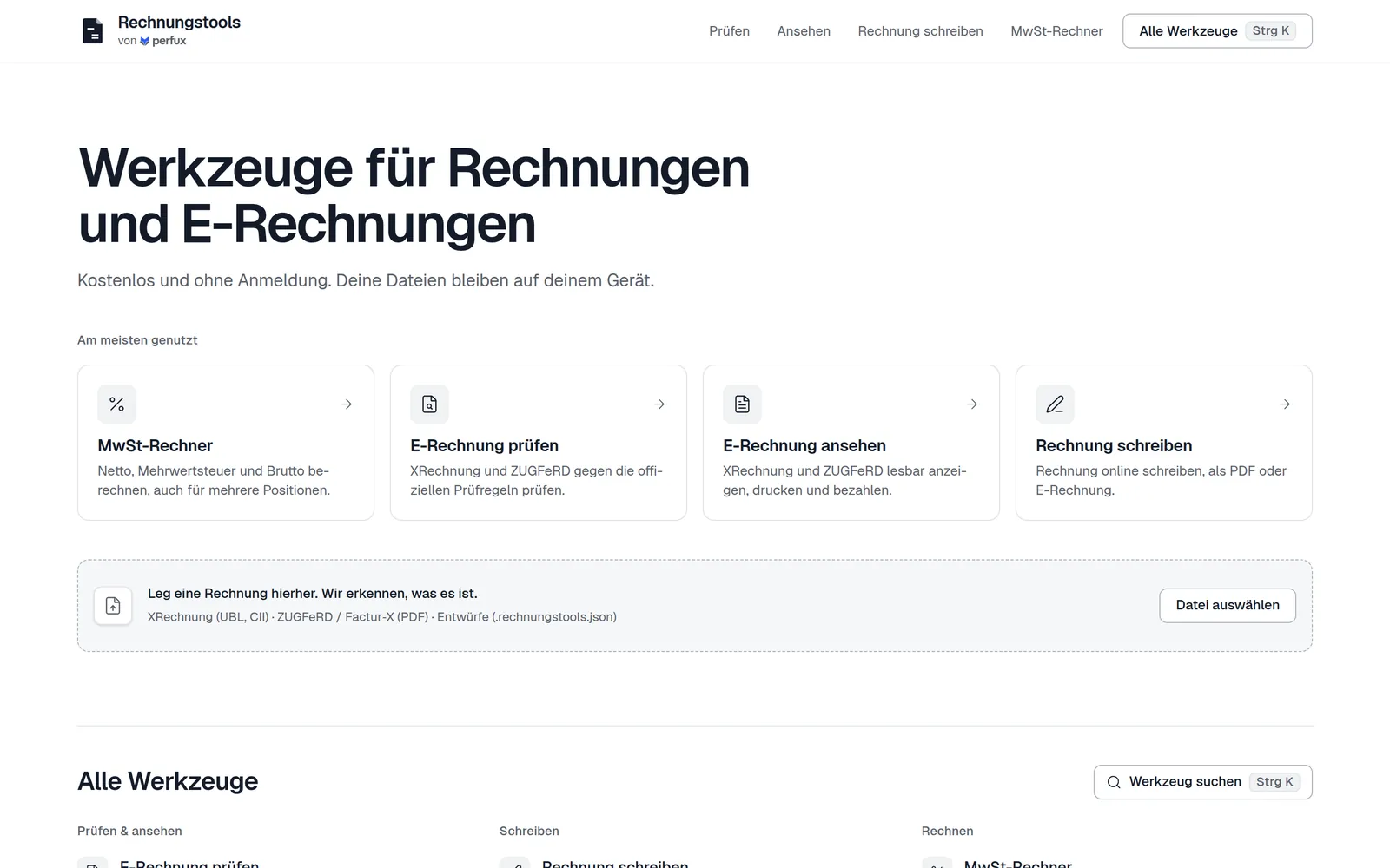 Rechnungstools: die Startseite auf dem Computer