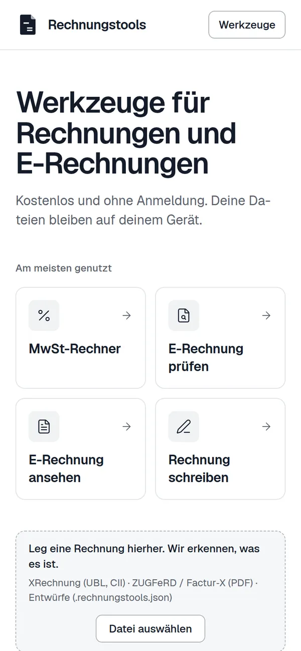 Rechnungstools: die Startseite auf dem Handy